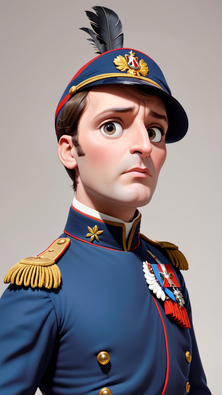 Highly detailed Image in the Pixar animation style of a male character named Napoleon. Napoleon is 51 years old,  from Fra...