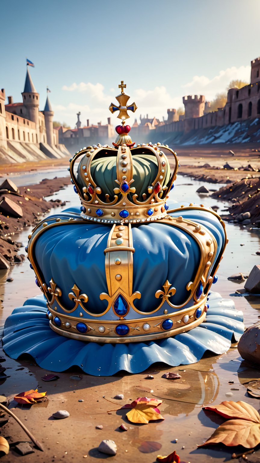 Highly detailed Image in the Pixar animation style of a tarnished imperial crown lying abandoned on a battlefield(Waterlo)...