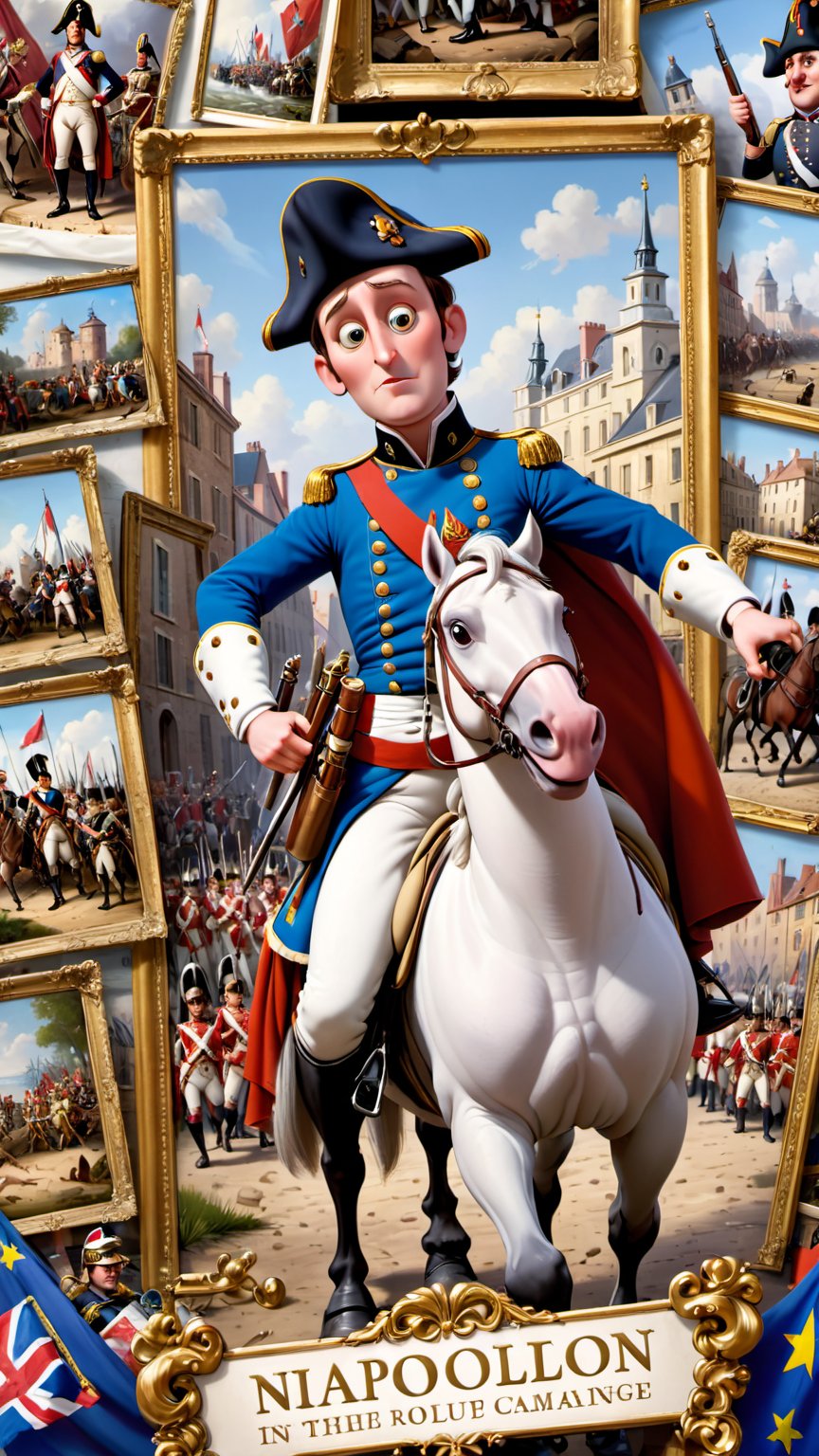 Highly detailed Image in the Pixar animation style. Showcase a Montage of historical artifacts and paintings depicting Nap...