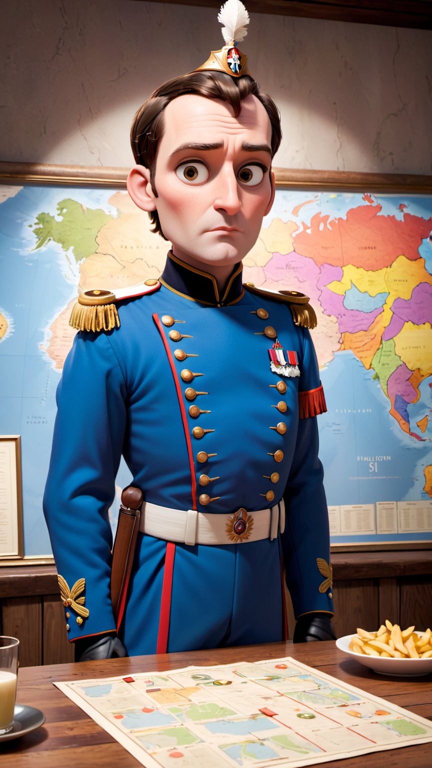 Highly detailed Image in the Pixar animation style of a male character named Napoleon. Napoleon is 51 years old,  from Fra...