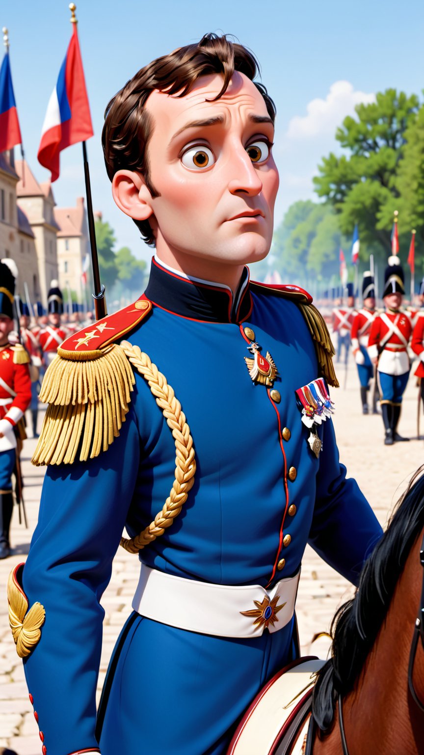 Highly detailed Image in the Pixar animation style of a male character named Napoleon. Napoleon is 51 years old,  from Fra...