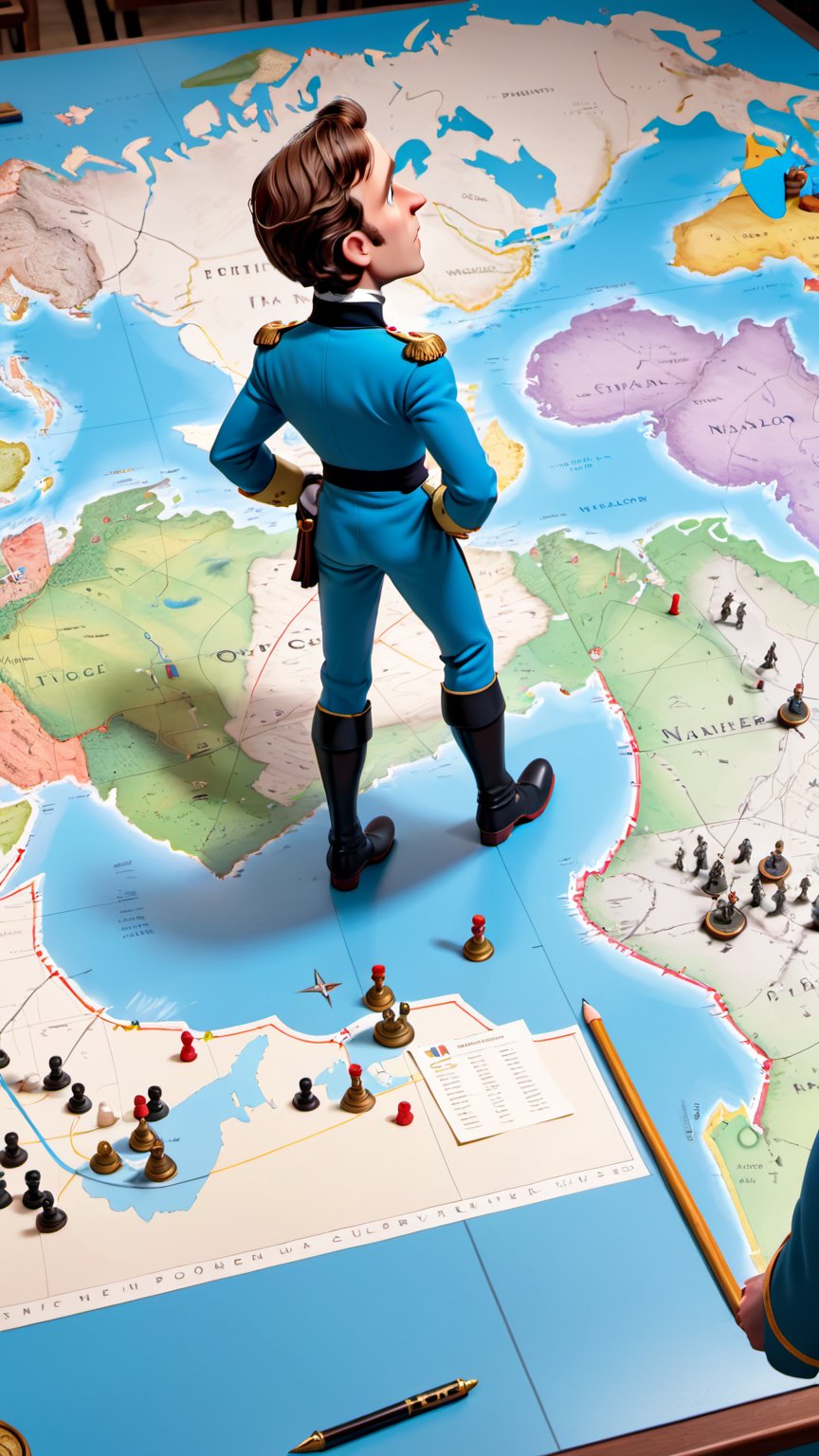 Highly detailed Image in the Pixar animation style of Show Napoleon standing over a large,  detailed map spread across a t...