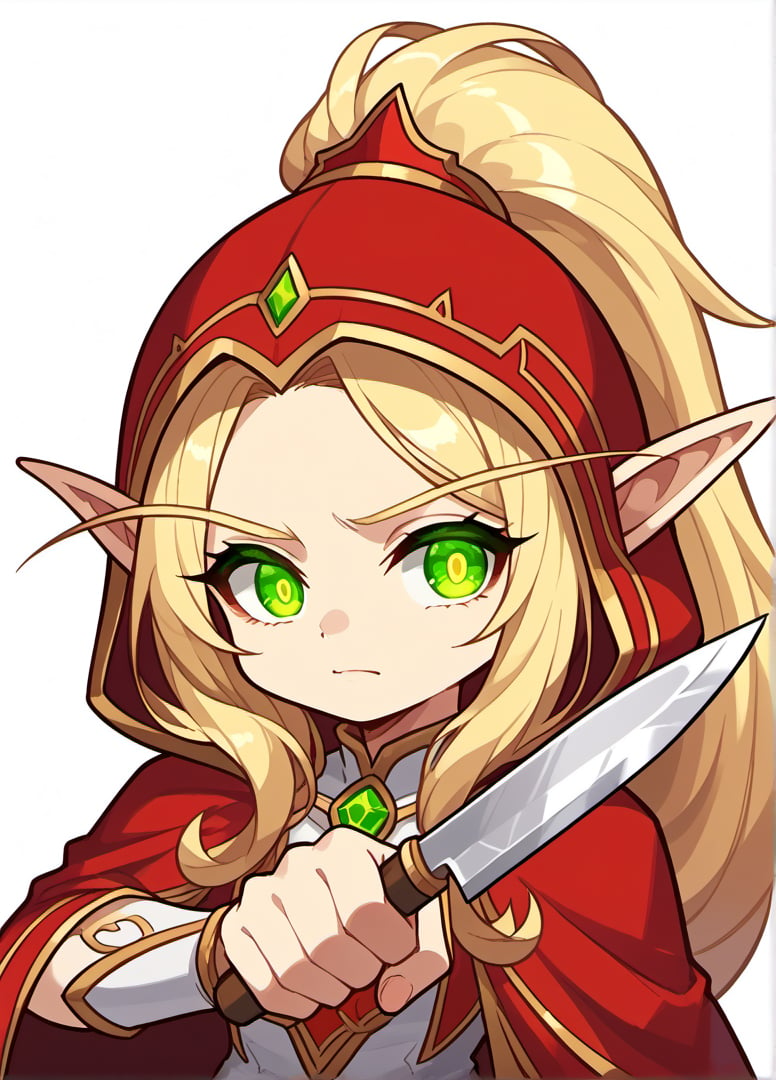 score_9, score_8_up, score_7_up, masterpiece,original,upper body,portrait,(white background,blank white background:1.1),1girl,  Valeera Sanguinar ,warcraft,solo, blonde hair, long ponytail, green eyes, long eyebrows, pointy ears, glowing eyes, red hood, maplestory_style,holdkknife,upper body,holding,holding knife,kitchen knife