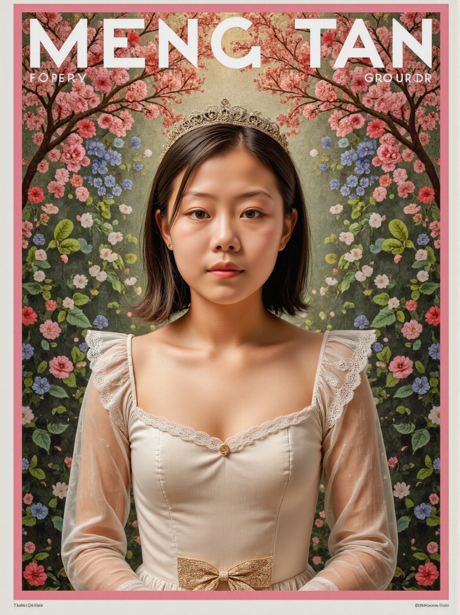 Here is a magazine cover titled 'MENG TAN':girl with a divine appearance, dressed in an elegant ensemble of ethereal and semi-transparent clothing, with a deep neckline that runs from her chest to her navel. Her hair is short, reaching her shoulders, and she wears soft makeup that highlights her natural beauty. A crown of small, delicate flowers adorns her head, adding to her ethereal charm. She appears as a forest goddess, surrounded by a lush landscape full of vibrant flowers and vegetation. A colorful aura surrounds her, emphasizing her divinity as her attire flows harmoniously with the environment, radiating a mystical and serene presence,