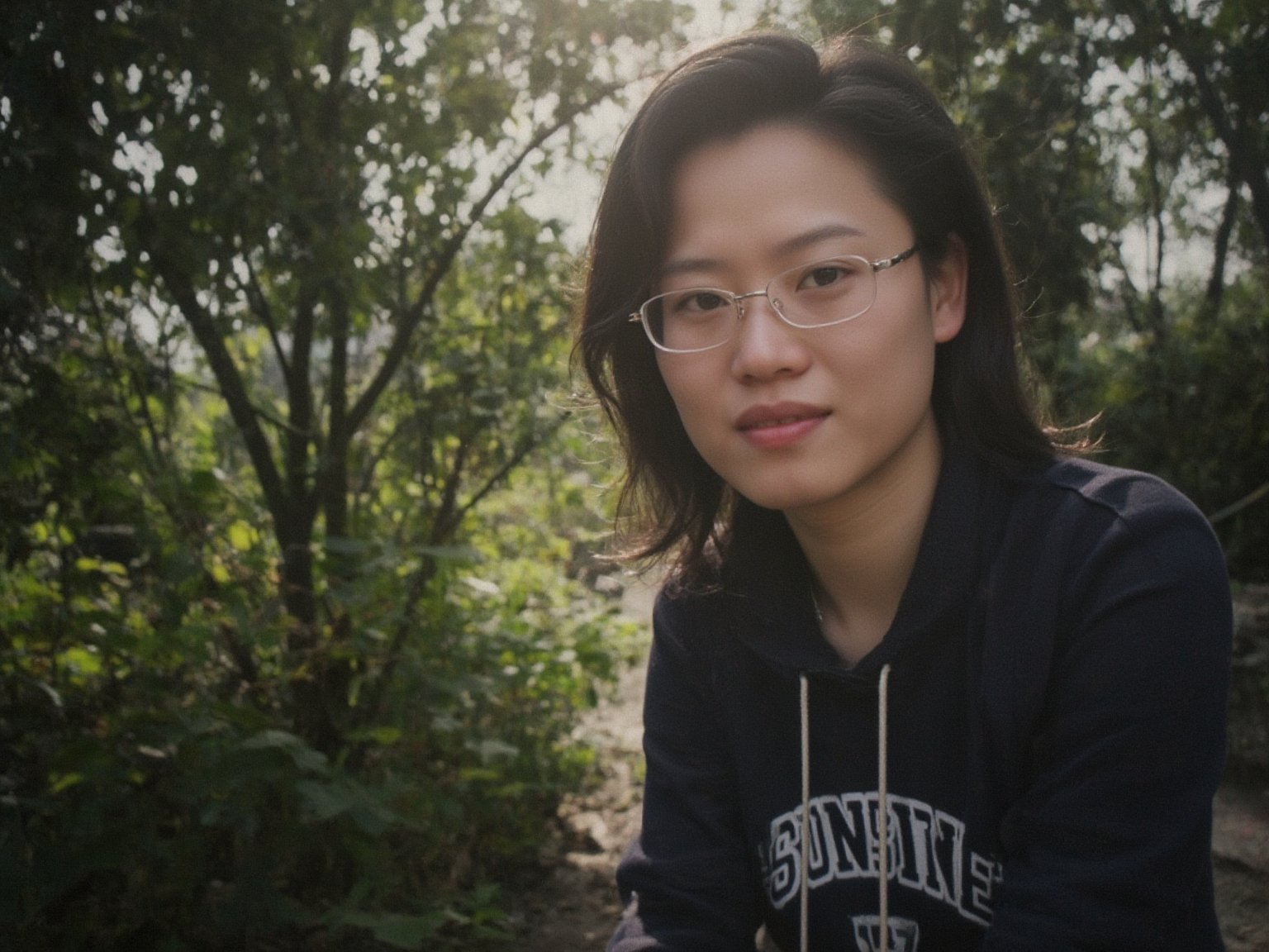 Floodlight,This is a sunlit portrait of a young boy in profile with he face to the camera,glasses,bathed in warm,soft light that creates a halo effect around he. He black hair . He is wearing sportswear, The background is blurred to ensure that the focus is on the subject. The photograph is softly lit and luminous,with delicate romantic tones and an ethereal,dreamy quality. The soft focus enhances the gentle and serene atmosphere of the image., where lush greenery and bold emblazoned words" SUNSHINE "create a striking visual counterpoint to her melancholic countenance, as if bathed in the faint light of the street lamps.(Film grain: 1.2, ultra detailed skin texture)