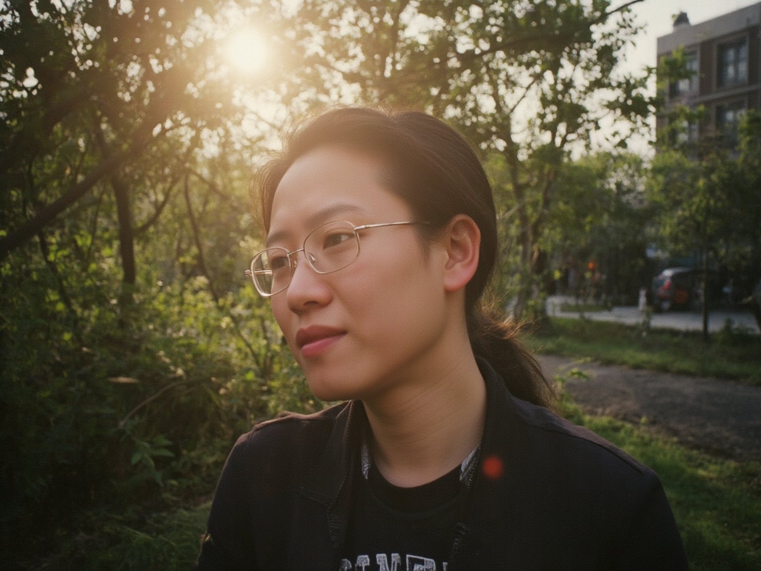 Floodlight,This is a sunlit portrait of a young boy in profile with he face to the camera,glasses,bathed in warm,soft light that creates a halo effect around he. He black hair . He is wearing sportswear, The background is blurred to ensure that the focus is on the subject. The photograph is softly lit and luminous,with delicate romantic tones and an ethereal,dreamy quality. The soft focus enhances the gentle and serene atmosphere of the image., where lush greenery and bold emblazoned words" SUNSHINE "create a striking visual counterpoint to her melancholic countenance, as if bathed in the faint light of the street lamps.(Film grain: 1.2, ultra detailed skin texture)