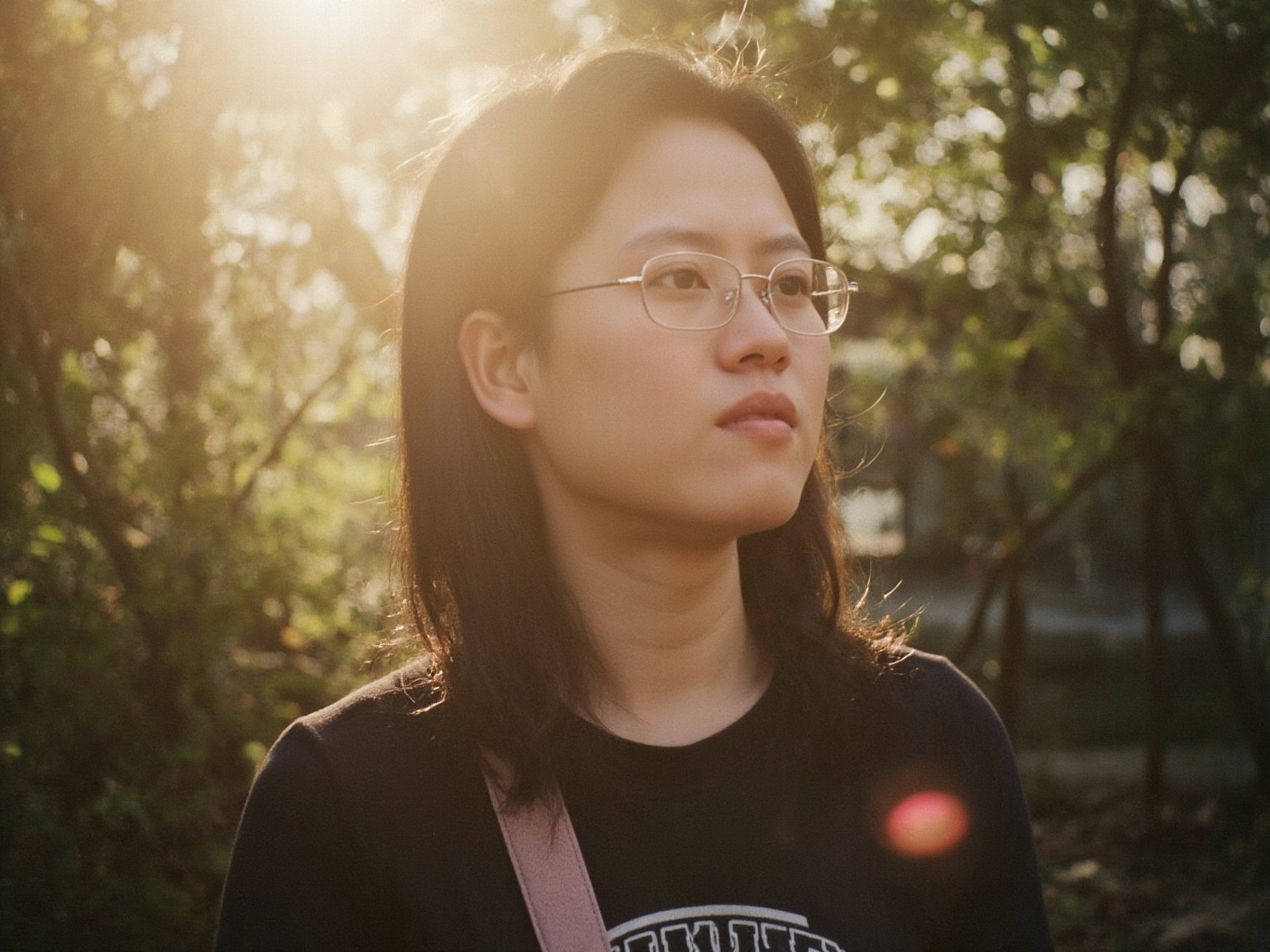 Floodlight,This is a sunlit portrait of a young boy in profile with he face to the camera,glasses,bathed in warm,soft light that creates a halo effect around he. He black hair . He is wearing sportswear, The background is blurred to ensure that the focus is on the subject. The photograph is softly lit and luminous,with delicate romantic tones and an ethereal,dreamy quality. The soft focus enhances the gentle and serene atmosphere of the image., where lush greenery and bold emblazoned words" SUNSHINE "create a striking visual counterpoint to her melancholic countenance, as if bathed in the faint light of the street lamps.(Film grain: 1.2, ultra detailed skin texture)