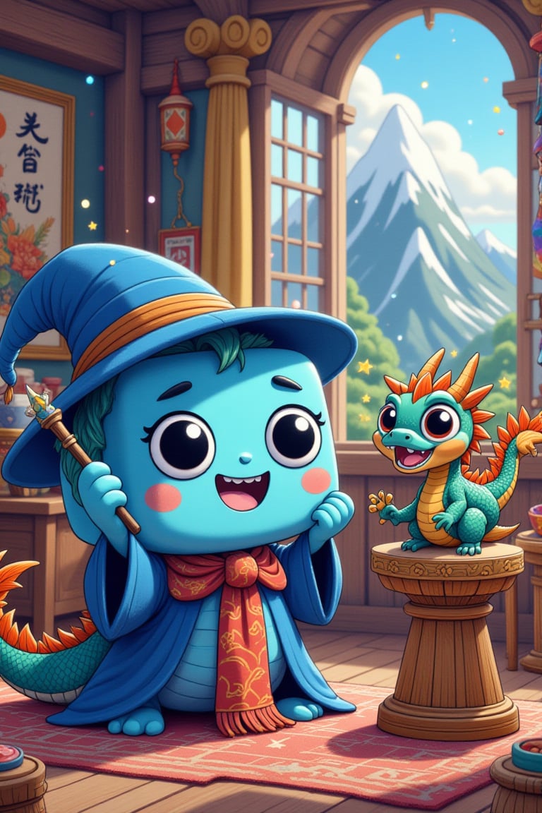 A vibrant blue cube-shaped mascot has a wizard hat and his tiny hand is holding a magic wand to create magic, there are magical stars around the wand due to effect of the magic, the mascot is smiling with happiness for summoning a colorful dragon on a pedestal! Dragon is bewildered, doesn't know where she is. Focus on the happiness of the mascot. Background is room of a wizard in his tower, there is an open window showing elegant blue sky and green mountains, scene is in perfect lighting, theme is cute between ultrarealism and Pixar Art and ZanyEyesStyle