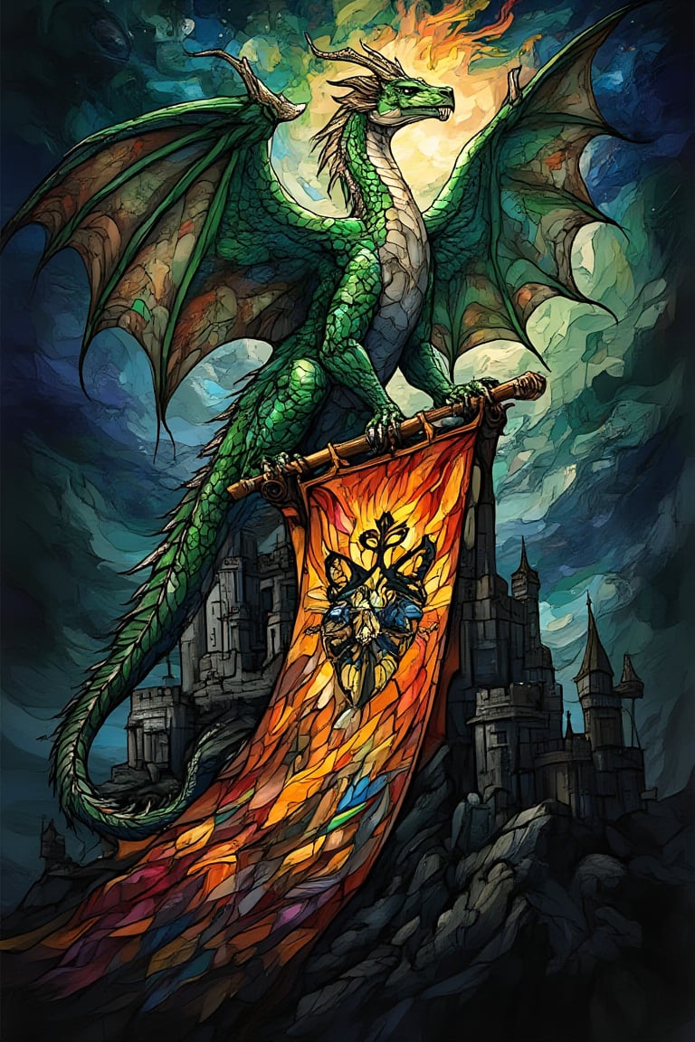 A majestic green dragon rises atop a foreboding dark castle, its fiery roar echoing through the night as a vibrant heraldic banner unfurls beneath. The banner's intricate design shines with Glass fragments, set against a kaleidoscope of colors: orange, blue, black, yellow, and green. Rich brushstrokes blend in an abstract style, imbuing the composition with dynamic energy.