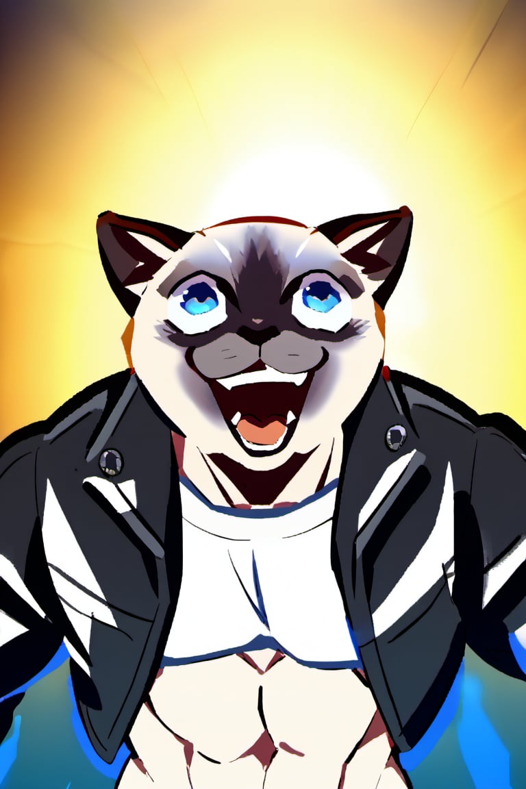 1boy, furry, Siamese cat, blue eyes, medium short shot, slim with some muscles, black leather jacket, open jacket, white t-shirt, smiling with open mouth, heroic pose, high quality, orion