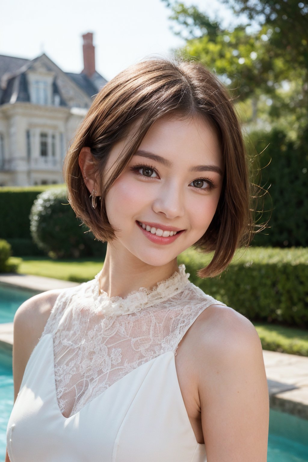 Pretty and charming girl. She wears a very elegant noblewoman oufit. She is a very cute girl. Hyperdetailing masterpiece, hyperdetailing skin, masterpiece quality, with 4k resolution. Charming smile. Short hair, himecut hairstyle, blonde hair. Mansion in background. She belongs to the nobility. bun hairstyle. tender and charming smile.