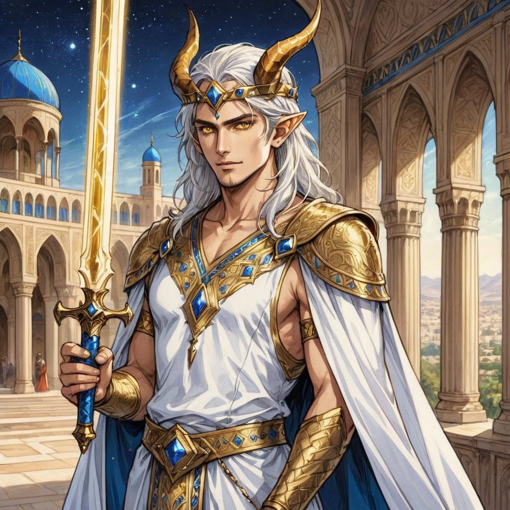 solo, linear art, panel comics, realistic anime style, 3/4 body art of male dragon-human warrior, flamming sword with his hand, handsome, dragon-human hybrid, muscular, 20yo, long shoulder-length white hair, glowing gold eyes, fins-like ears, small dragon horns, wearing ancient persian white-gold noble clothes, v-neck shirt, white cape, magic sword, circlet on his head, persian fantasy city in backround, detailed face, detailed arms,detailed weapon,fantasy,concept character design,intricate details, highly detailed