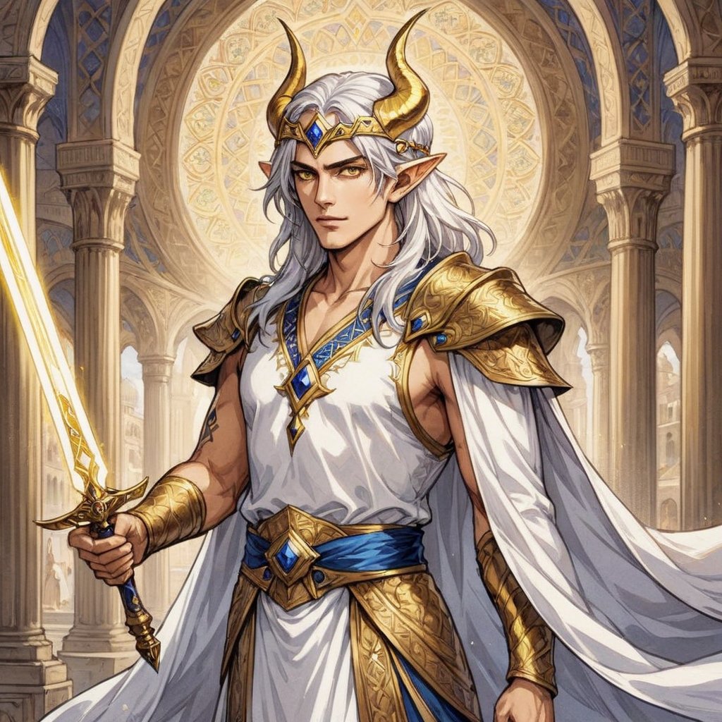 solo, linear art, panel comics, realistic anime style, 3/4 body art of male dragon-human warrior, flamming sword with his hand, handsome, dragon-human hybrid, muscular, 20yo, long shoulder-length white hair, glowing gold eyes, fins-like ears, small dragon horns, wearing ancient persian white-gold noble clothes, v-neck shirt, white cape, magic sword, circlet on his head, persian fantasy city in backround, detailed face, detailed arms,detailed weapon,fantasy,concept character design,intricate details, highly detailed