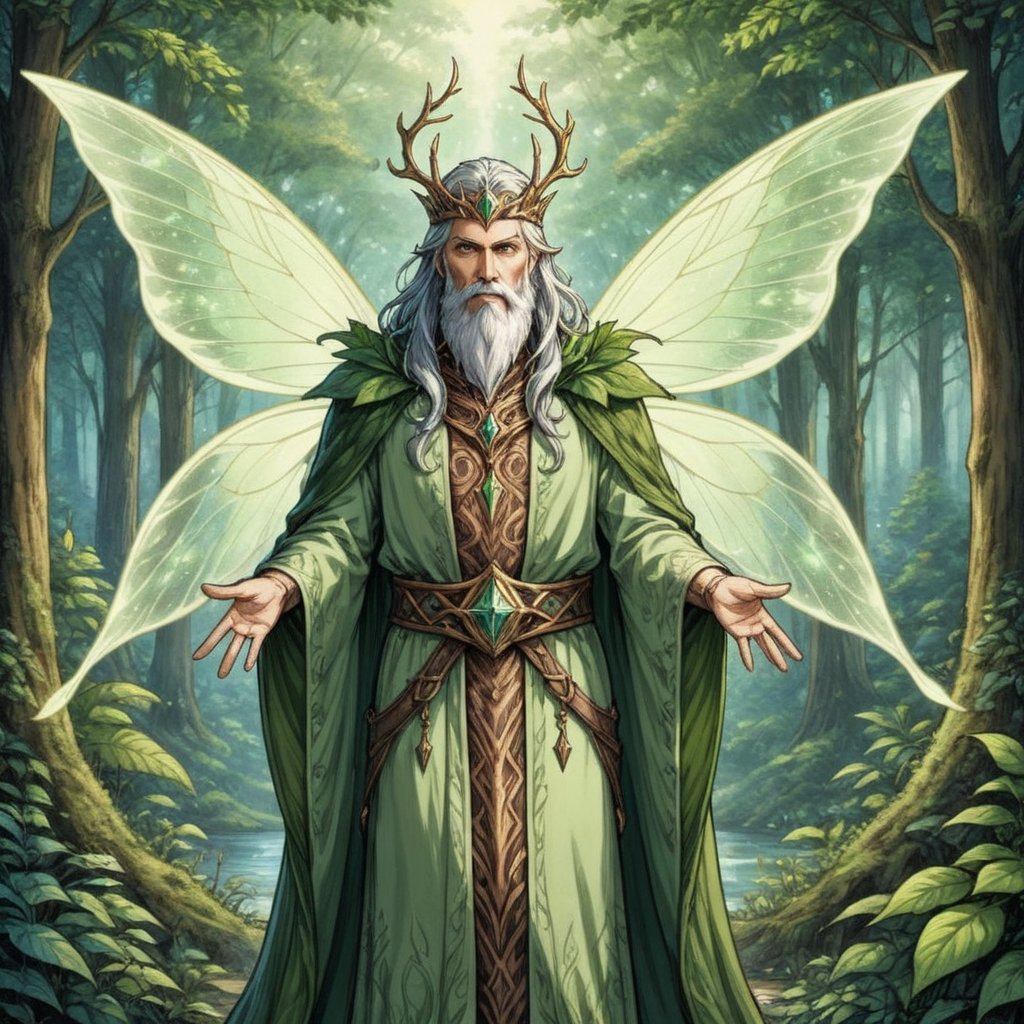 solo, linear art, panel comics, realistic anime style, 3/4 body art of erlking, fairy king, erlking, spellcast pose, nature spell, long white beard, fairy wings, wearing plant robe, plant cape, forest in backround, detailed face, detailed arms,detailed weapon,fantasy,concept character design,intricate details, highly detailed