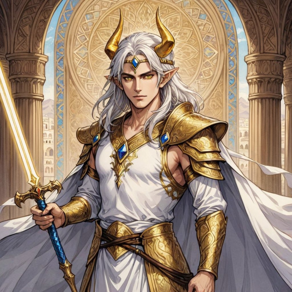 solo, linear art, panel comics, realistic anime style, 3/4 body art of male dragon-human warrior, flamming sword with his hand, handsome, dragon-human hybrid, muscular, 20yo, long shoulder-length white hair, glowing gold eyes, fins-like ears, small gold dragon horns, wearing ancient persian white-gold noble clothes, v-neck shirt, white cape, magic sword, circlet on his head, persian fantasy city in backround, detailed face, detailed arms,detailed weapon,fantasy,concept character design,intricate details, highly detailed