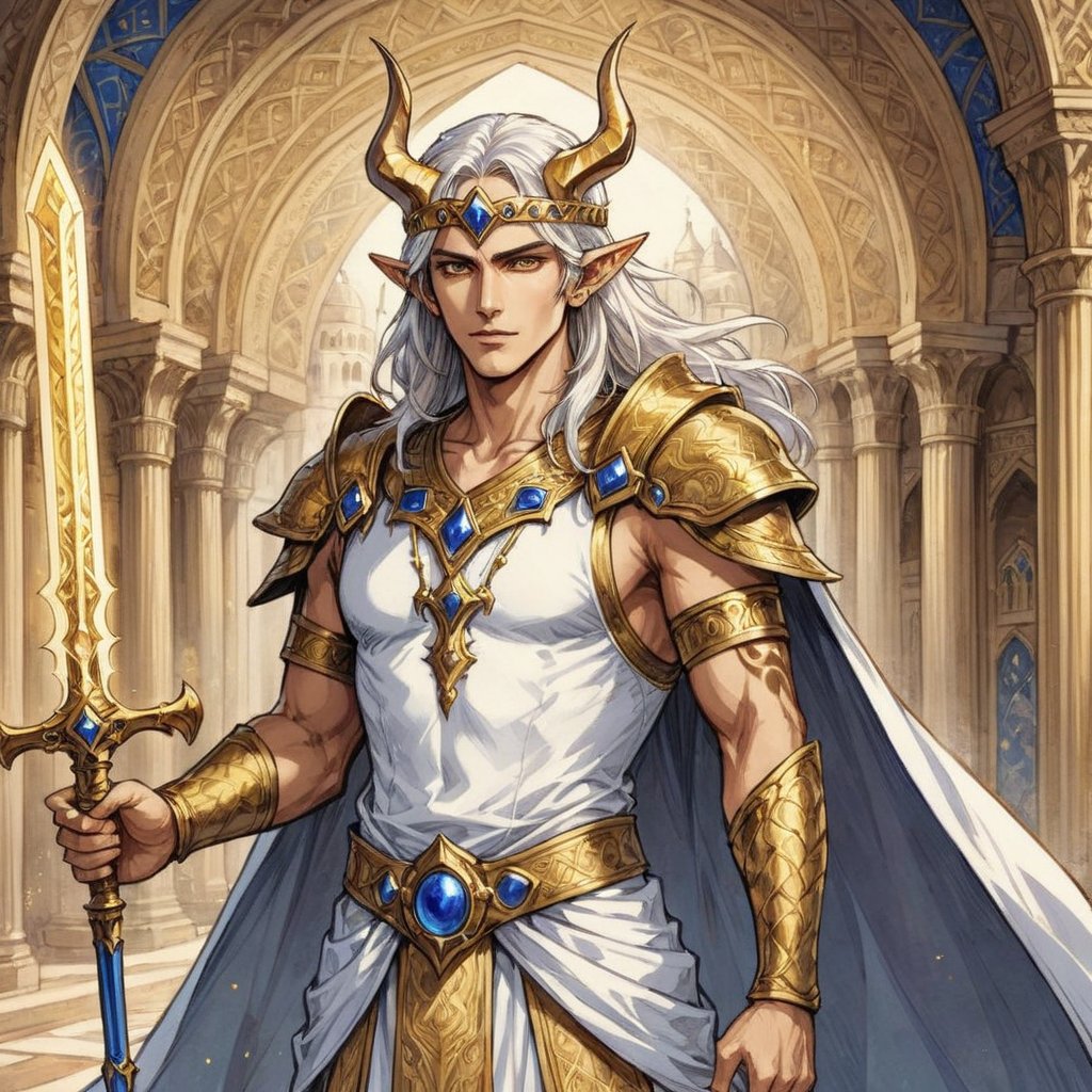 solo, linear art, panel comics, realistic anime style, 3/4 body art of male dragon-human warrior, flamming sword with his hand, handsome, dragon-human hybrid, muscular, 20yo, long shoulder-length white hair, glowing gold eyes, fins-like ears, small gold dragon horns, wearing ancient persian white-gold noble clothes, v-neck shirt, white cape, magic sword, circlet on his head, persian fantasy city in backround, detailed face, detailed arms,detailed weapon,fantasy,concept character design,intricate details, highly detailed