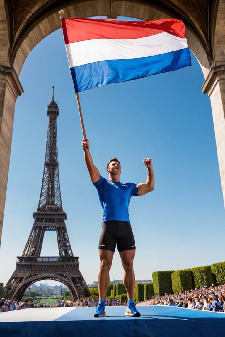 A hero's welcome: A rugged male athlete stands tall, dressed in athletic wear and holding a flag, as the enthusiastic crowd cheers wildly in the grandstand. The iconic Eiffel Tower rises majestically in the bright blue sky behind him, a stunning backdrop for this momentous occasion. Framed by the archway of seats, our hero's confident pose commands attention.