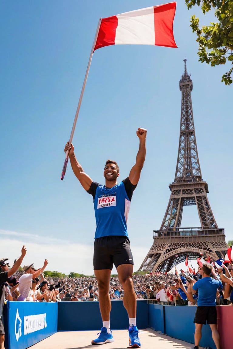 A hero's welcome: A rugged male athlete stands tall, dressed in athletic wear and holding a flag, as the enthusiastic crowd cheers wildly in the grandstand. The iconic Eiffel Tower rises majestically in the bright blue sky behind him, a stunning backdrop for this momentous occasion. Framed by the archway of seats, our hero's confident pose commands attention.