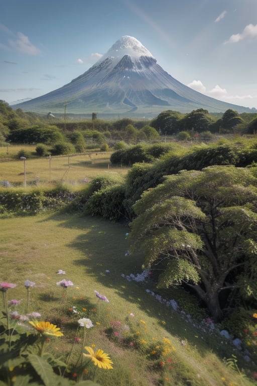 A vibrant wildflowers spills across a lush green field, their petals swaying gently in the breeze. In the distance, the majestic Mayon Volcano rises majestically against a brilliant blue sky, its snow-capped peak gleaming like diamonds against the warm, sunny atmosphere., realism,Ultra details++, add more details,Ultra details++,High detailed 