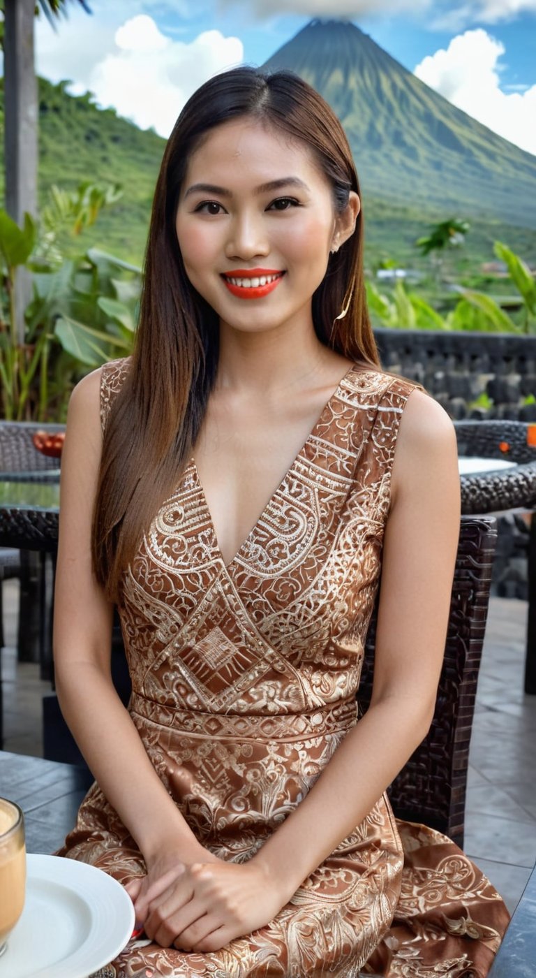 Realistic photo of a beautiful slender Asian woman wearing fashionable stunning dress, with long brown straight hair sitting at a dining table in an outdoor terrace with intricate details, over a breakfast meal and a cup of coffee,  photography quality, 8k, small smile while mouth closed, hair clip, overlooking the Mayon Volcano in Albay Philippines, best quality, photorealism, photographic quality 