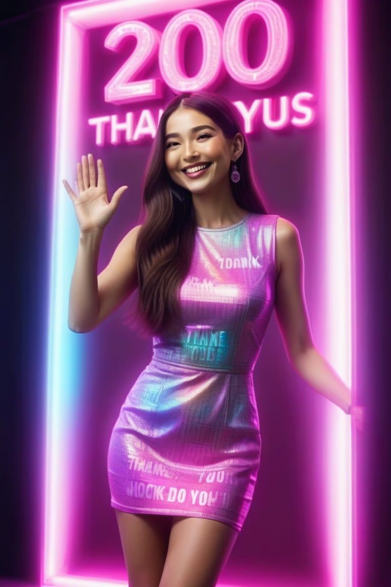 A beautiful woman with long hair wearing a fashionable dress is smiling stretching hands to a large holographic neon sign that says "Thank you 200". The background has pink theme style. Detailed texture, high quality, high resolution, high precision, realism, color correction, good lighting settings, harmonious composition, July