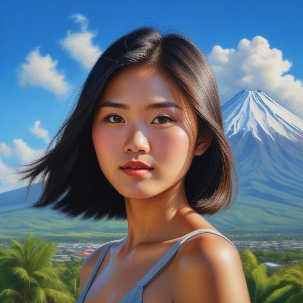 Portraitof a beautiful Asian girl. In the distance, the Mayon Volcano rises majestically against a brilliant blue sky,  against the warm, sunny atmosphere., realism,Ultra details++, add more details,Ultra details++,High detailed,fflixmj6