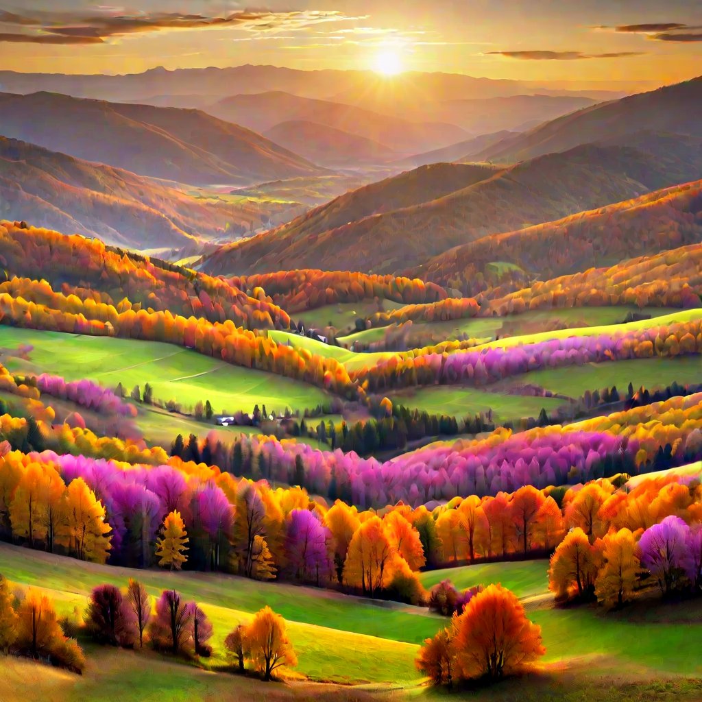 A tranquil mountain valley bathed in the soft, golden light of a serene sunset, with the late afternoon sun casting a warm glow on the rolling hills and rustic trees, while the sky is painted with hues of pink, orange, and purple.,Landscape,Nature,Background,Design