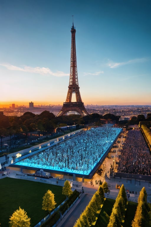 A majestic panoramic shot captures the grandeur of the 2024 Olympics opening ceremony in Paris, with a masterful blend of photographic quality and cinematic flair. The camera sweeps across the iconic Eiffel Tower, bathed in warm golden light, as athletes from around the world gather beneath its iron latticework. Realistic depictions of joyful faces, vibrant costumes, and gleaming medals fill the frame, while subtle highlights and shadows add depth to the scene. SD 1.5 processing renders textures and reflections with exceptional clarity, transporting viewers to the heart of this unforgettable celebration.