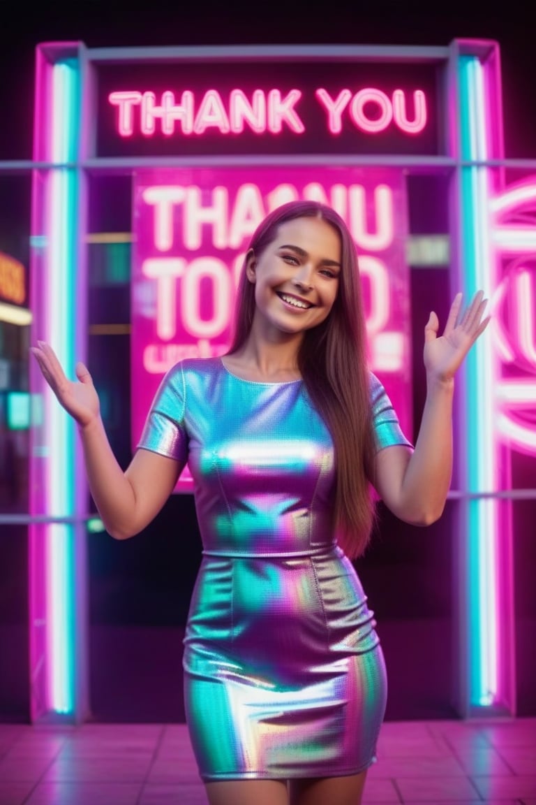 A beautiful woman with long hair wearing a fashionable dress is smiling stretching hands to a large holographic neon sign that says "Thank you 200". The background has pink theme style. Detailed texture, high quality, high resolution, high precision, realism, color correction, good lighting settings, harmonious composition, July