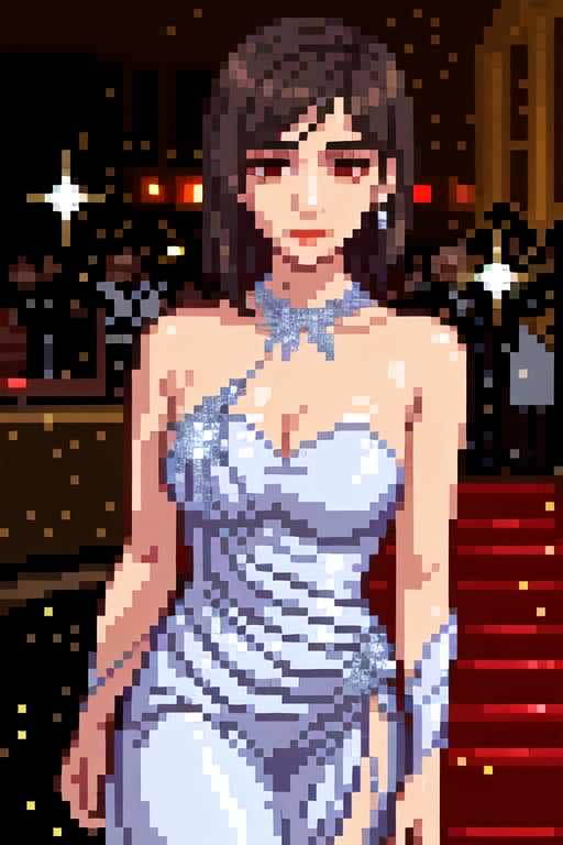 Beautiful woman wearing white sparkle elegant dress, walking in red carpet.,Extremely Realistic Face,DETAILED,CHARACTER