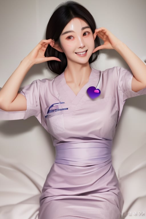  (medium shot), 1girl, (cheek_heart:1.4), (raised arms, fingers at cheeks), smiling beautiful Japanese female nurse wearing fitted aqua nurse dress, beautiful detailed face, Japanese woman, black hair, pale skin, realistic skin, detailed cloth texture, detailed hair texture, Perfect proportion, accurate, Anatomically correct, Highly detailed face and skin texture, modern hospital bed, photorealistic