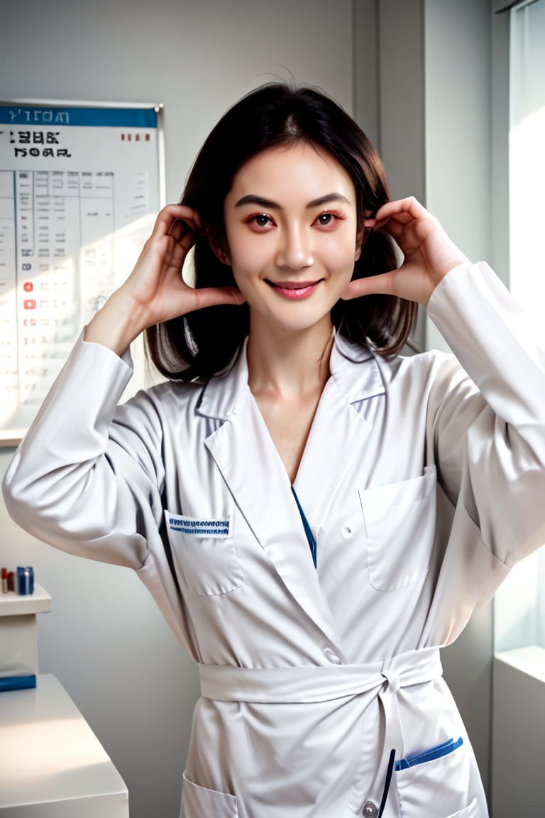 score_9,score_8_up,score_7_up, (cowboy shot), 1girl,  (cheek_heart:1.4), smiling, beautiful Japanese female doctor wearing white labcoat, beautiful detailed face, slim, Japanese woman, black hair, pale skin, fair skin, realistic skin, detailed cloth texture, detailed hair texture, Perfect proportion, Beautiful Face, (perfect eyes), (detailed eyes), solid circle eyes, sparkling eyes, (clean eyes), accurate, Anatomically correct, Highly detailed face and skin texture , looking at viewer, modern hospital, photorealistic