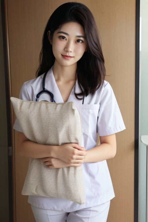  (medium shot), 1girl, (scared to sleep alone:1.4), smiling, beautiful Japanese female nurse wearing white nurse uniform, beautiful detailed face, slim, Japanese woman, black hair, pale skin, realistic skin, detailed cloth texture, detailed hair texture, Perfect proportion, Beautiful Face, accurate, Anatomically correct, Highly detailed face and skin texture , looking at viewer , modern hospital building, photorealistic