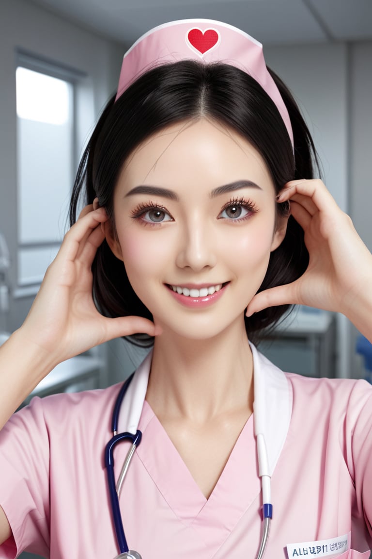 (cowboy shot), 1girl,  (cheek_heart:1.4), smiling, beautiful Japanese female nurse wearing pink nurse dress, beautiful detailed face, slim, Japanese woman, black hair, pale skin, fair skin, realistic skin, detailed cloth texture, detailed hair texture, Perfect proportion, Beautiful Face, (perfect eyes), (detailed eyes), solid circle eyes, sparkling eyes, (clean eyes), accurate, Anatomically correct, Highly detailed face and skin texture , looking at viewer, modern hospital, photorealistic