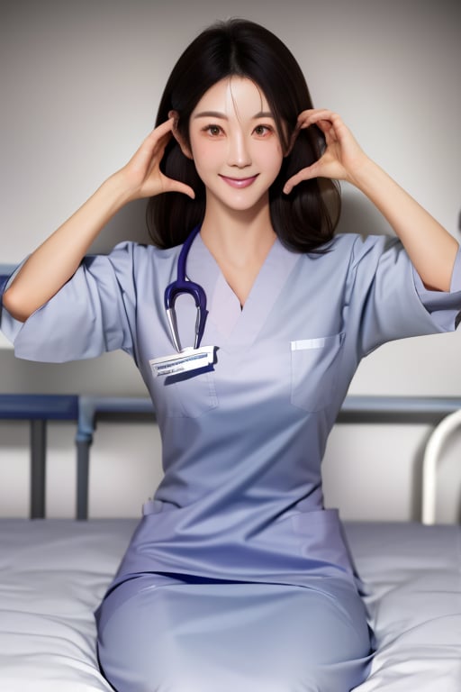  (medium shot), 1girl, (cheek_heart:1.4), (raised arms, fingers at cheeks), smiling beautiful Japanese female nurse wearing fitted aqua nurse dress, beautiful detailed face, Japanese woman, sitting, black hair, pale skin, realistic skin, detailed cloth texture, detailed hair texture, Perfect proportion, accurate, Anatomically correct, Highly detailed face and skin texture, modern hospital bed, photorealistic