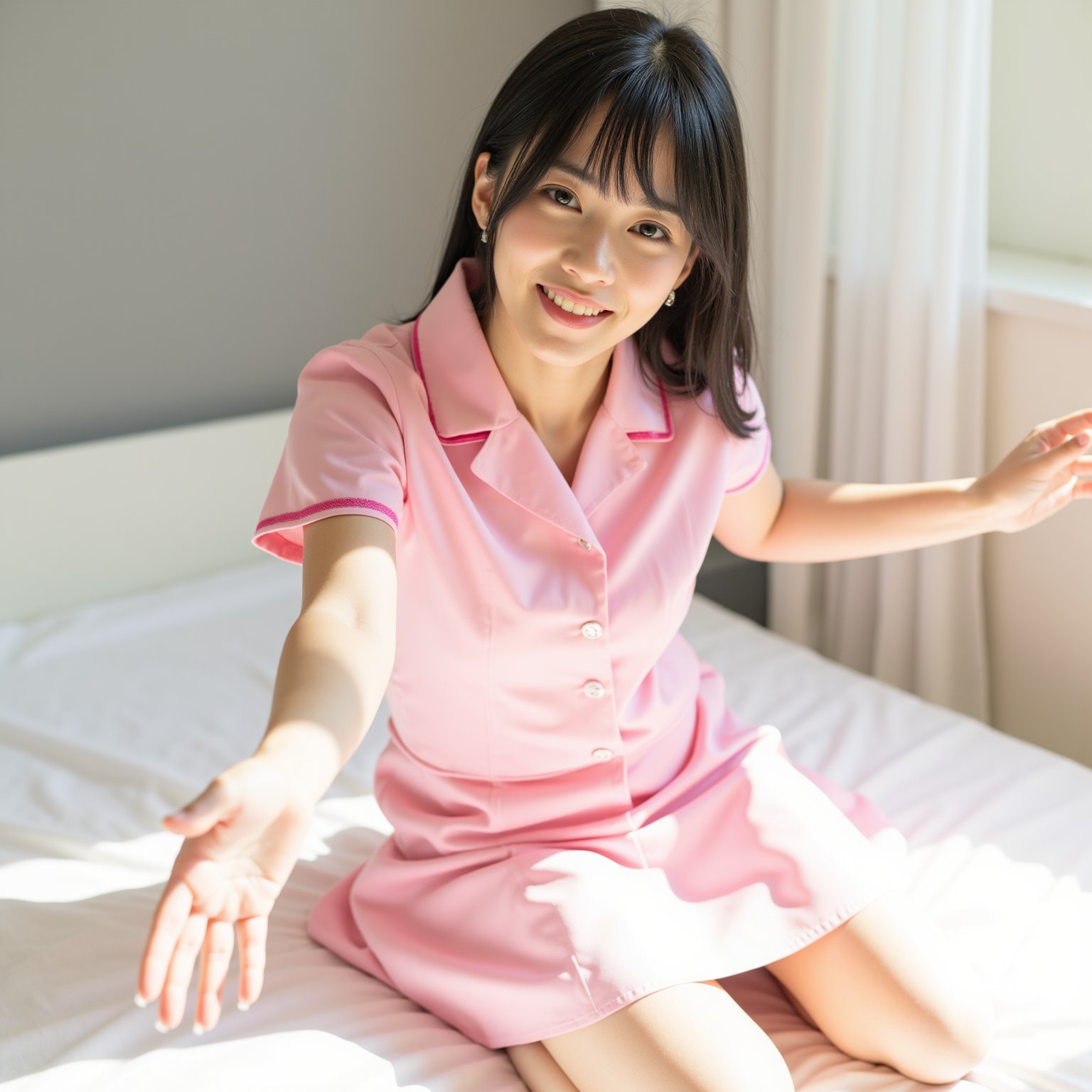 A beautiful smiling Japanese female nurse in pink short sleeve nurse dress with a collar and clear buttons. She has black hair, fair skin and a hourglass figure. She has her arms outstretched towards viewer for a hug while kneeling on a bed lit by sunlight. photo , high resolution