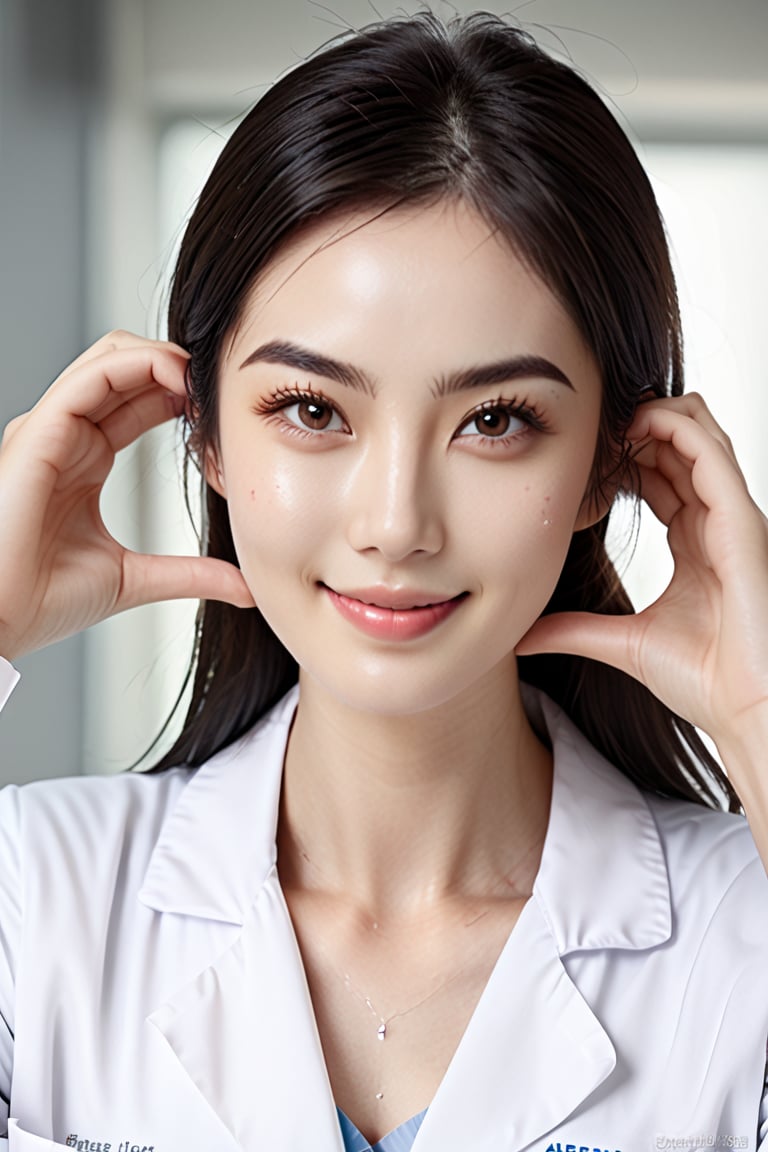 score_9,score_8_up,score_7_up, (cowboy shot), 1girl,  (cheek_heart:1.4), smiling, beautiful Japanese female doctor wearing white labcoat, beautiful detailed face, slim, Japanese woman, black hair, pale skin, fair skin, realistic skin, detailed cloth texture, detailed hair texture, Perfect proportion, Beautiful Face, (perfect eyes), (detailed eyes), solid circle eyes, sparkling eyes, (clean eyes), accurate, Anatomically correct, Highly detailed face and skin texture , looking at viewer, modern hospital, photorealistic