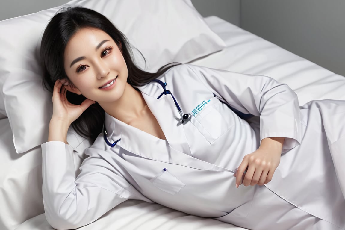 (full body shot), 1girl, lying, on side, from side, (cheek_heart:1.4), smiling, beautiful Japanese female doctor wearing white labcoat, beautiful detailed face, slim, Japanese woman, black hair, pale skin, fair skin, realistic skin, detailed cloth texture, detailed hair texture, Perfect proportion, Beautiful Face, (perfect eyes), (detailed eyes), solid circle eyes, sparkling eyes, (clean eyes), accurate, Anatomically correct, Highly detailed face and skin texture , looking at viewer , comfy bed, photorealistic. xxmixgirl,