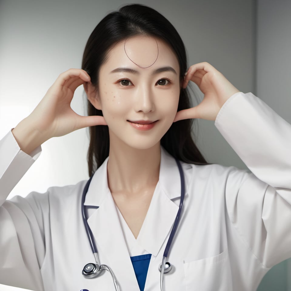 masterpiece,best quality,4k,(cowboy shot), 1girl, (cheek_heart:1.4), smiling beautiful Japanese female doctor wearing white labcoat over scrubs, sitting, beautiful detailed face, black hair, pale skin, realistic skin, detailed cloth texture, detailed hair texture, Perfect proportion, accurate, Anatomically correct, Highly detailed face and skin texture, modern hospital bed, photorealistic, realistic, looking at viewer,