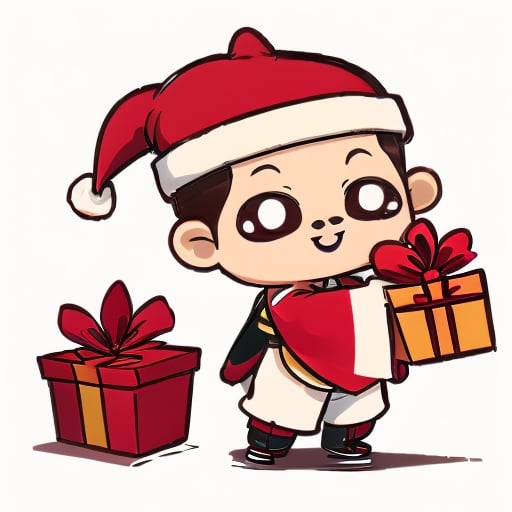 (1st boy),boy,red hat,hanfu,(simple background), (SUPER CHIBI), chibi:1.2, full_body, Standing posture,happy,(Hand holding a gift box),truechibi,