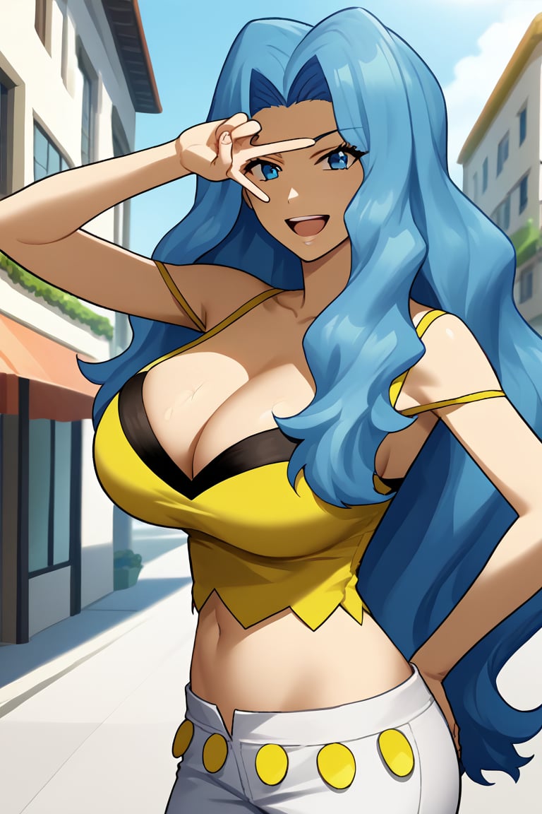 source_anime, masterpiece, best quality, solo, 1girl, pkmnKaren, very long hair, blue hair, outdoors, day, huge breasts, open mouth, street, light smile, happy, standing, seductive_pose, narrow_waist, slim, veiny breasts, yellow tank top, midriff, white pants, cleavage, official_art, official_art_style, official_style, anime screencap, viewed_from_side, hand_on_hip, v-sign