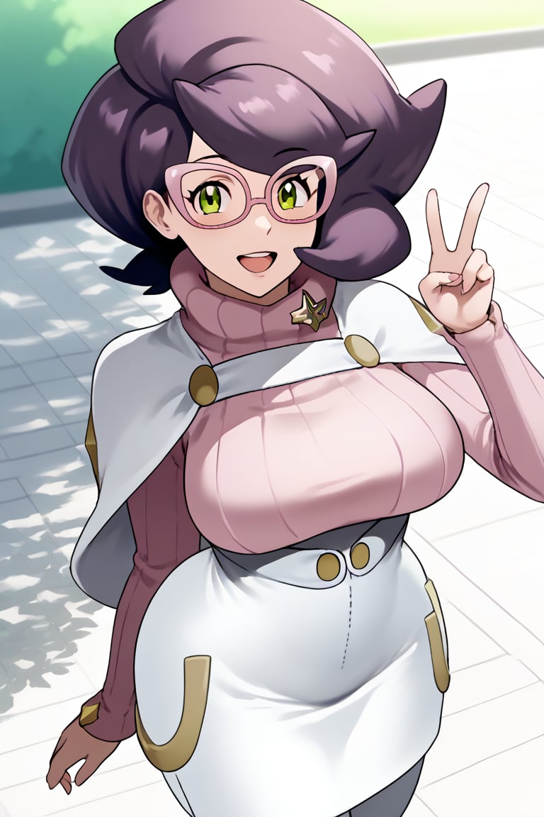 source_anime, masterpiece, best quality, solo, 1girl, wicke \(pokemon\), green eyes, purple hair, short hair, big hair, glasses, pink-framed eyewear, looking at viewer, outdoors, day, large breasts, open mouth, park, light smile, happy, standing, seductive_pose, narrow_waist, slim, skirt, long sleeves, boots, sweater, turtleneck, thigh boots, white footwear, white skirt, ribbed sweater, turtleneck sweater, viewed_from_side, viewed_from_above