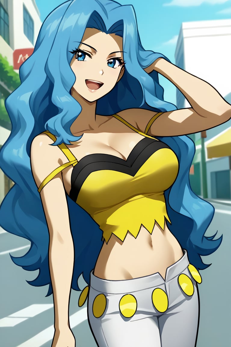 source_anime, masterpiece, best quality, solo, 1girl, pkmnKaren, very long hair, blue hair, outdoors, day, large breasts, open mouth, street, light smile, happy, standing, seductive_pose, narrow_waist, slim, veiny breasts, yellow tank top, midriff, white pants, cleavage, official_art, official_art_style, official_style, anime screencap, viewed_from_side