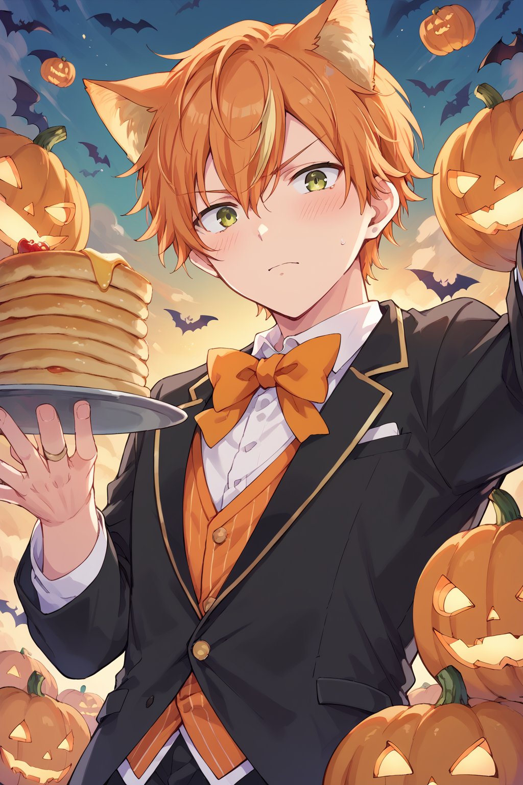 score_9, score_8_up, score_7_up, score_6_up, score_5_up, score_4_up, source_anime, BREAK, 1boy, male focus, akito, orange hair, yellow streaked hair, green eyes, looking at viewer, from below, bats, pumpkins, orange cat ears, tuxedo, shy, blushing, pancakes, 