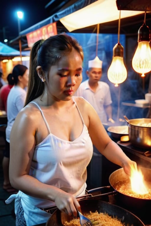 Image of a beautiful, slightly plump and voluptuous Thai woman with long hair tied in a ponytail cooking fried rice at a street food stall at night. She was wearing a thin white tank top (no bra) and batik sarong, and looked sweaty because of the heat from cooking. In the background, several people stand in line, waiting to be served. Lighting comes from several hanging bulbs, creating the warm and authentic atmosphere of an Indonesian street food stall.