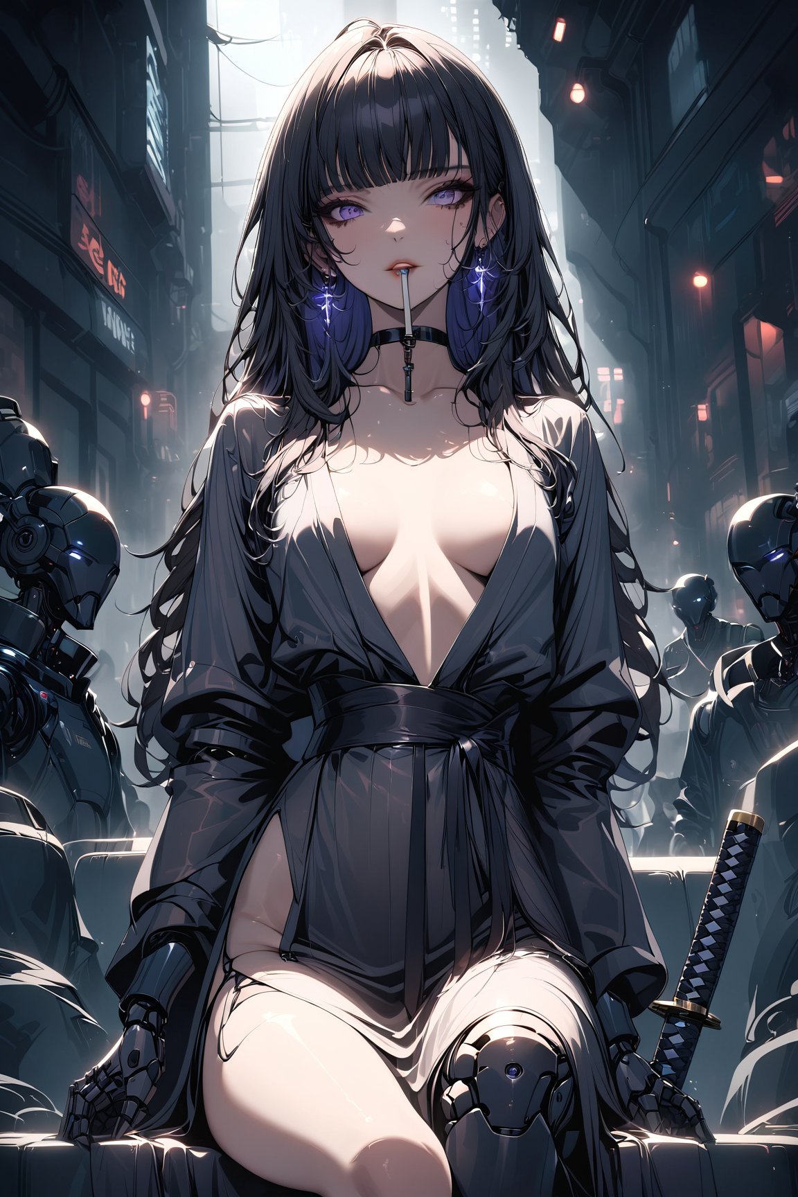 Prompt: In a dimly lit, smoky cyberpunk club, a femme fatale cyborg sits solo, her mechanical joints gleaming in the flickering light. Her striking features, framed by long hair and bangs, are adorned with jewelry and a black choker. She smoking cigarette. She wears a revealing seethrough kimono, paired with Japanese-style earrings, and holds a (katana) surrounded by the dark, gritty atmosphere. Her gaze is sultry, exuding an air of sexy sophistication, as if inviting the viewer to enter her world. The scene is set in a Conrad Roset-inspired style, with a focus on dark, muted tones and industrial textures, core_9,scary, (masterpiece:1.2),ct-virtual,dcas_lora