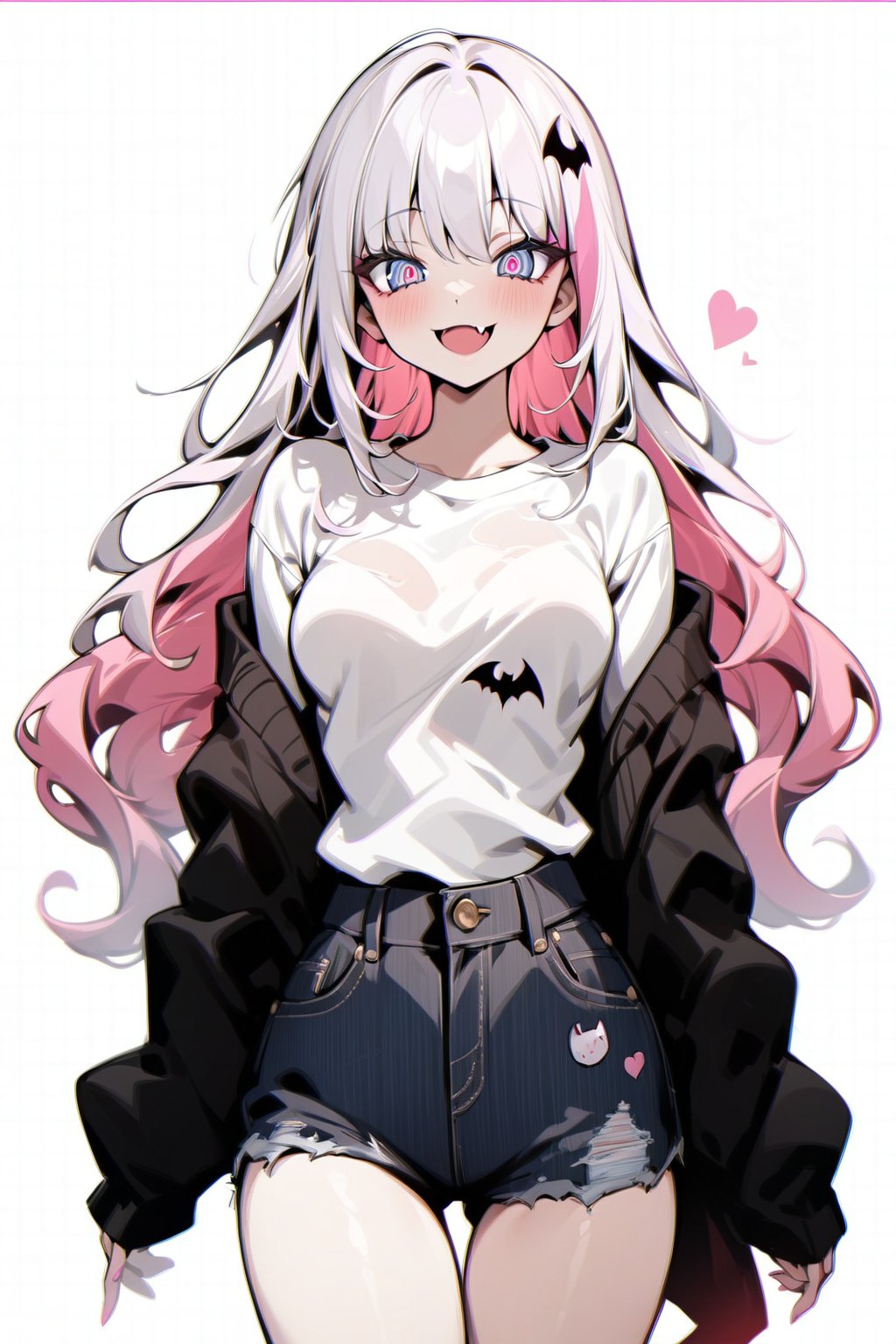 masterpiece, best quality, cowboy shot BREAK, beautiful eyes, clear eyes, detailed eyes, smile, 1girl, 20_old, full_body, white_background,Luna ,high_color, cute_fang, black-long-hair, inner_color_pink_hair, denim_pants, black_jacket, white_shirt,vampiremiku, beauty