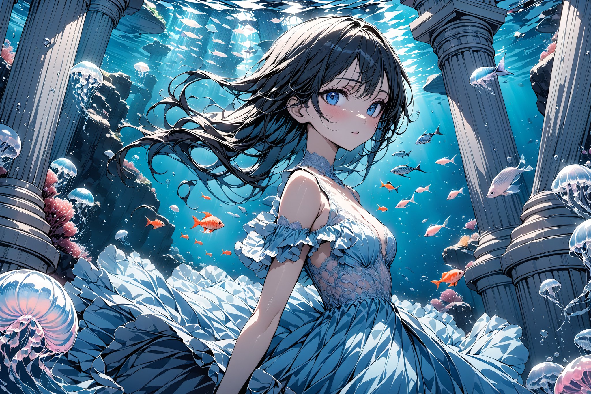 (masterpiece:1.5),(ultra detaild:1.5),best quality,anime style, super fine illustration, highly detailed, dynamic angle, beautiful detailed, 8k,Perfect dynamic composition, Beautiful detailed eyes, blue illustration, ((water, scenery, fish, jelly fish, blue theme)), ((underwater)), pillar, surreal, column, aquarium, 1girl, 24_old, full-body, high_color, black_hair, long hair, beauty, Flat vector art, Colorful art, Eyes, d,watercolor,ink,sketch