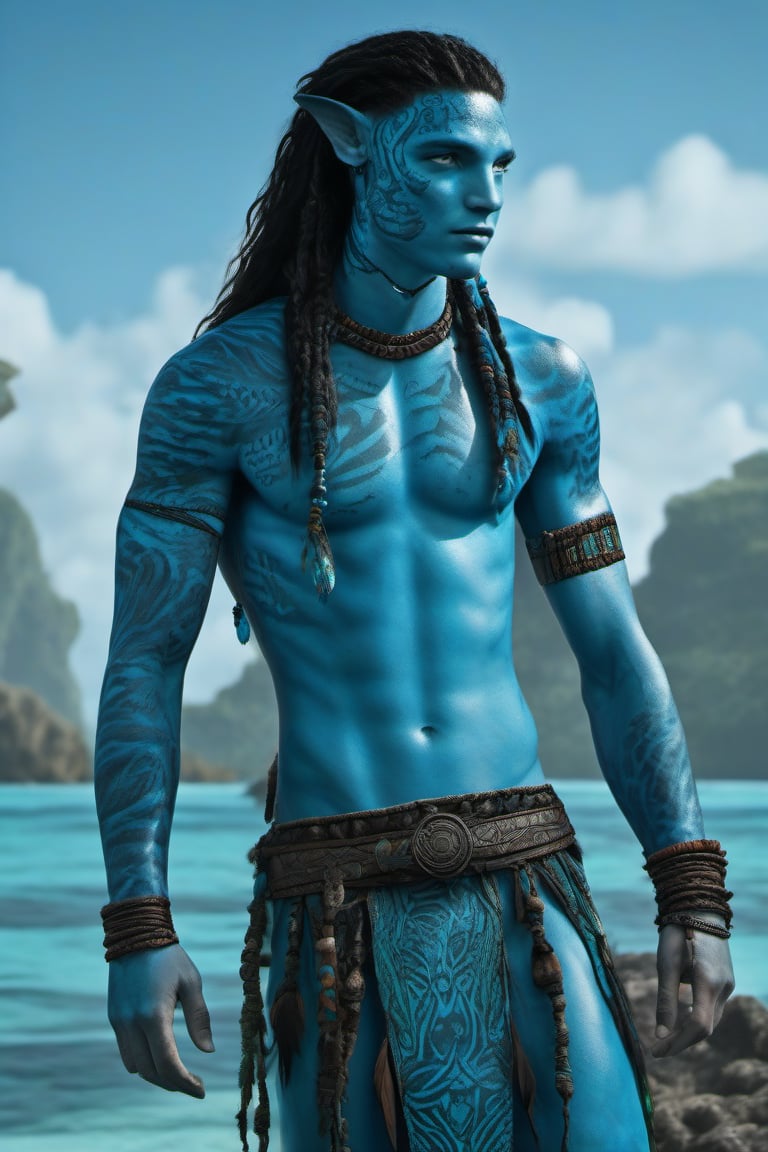 Filip Geljo as a male Na'vi, boy around seventeen years old, ((cyan skin)), (sky blue skin), teal color scheme, ((black hair)), ((braided wavy hair)), well-groomed hair, ((sky blue eyes)), skin full of ((scales)), with a tattoo on his stomach implying his fertility, stern face, ((pointy fangs)), full of dark sky blue painted stripes, using (feathers and corals) as accessories, wearing clothing that gives notice of his position as clan leader, beautiful Na'vi, action scene, close-up view, profile view, realistic eyes, hyper-realistic, extreme detail, HDR, 4k quality, perfect quality, perfect picture, HD quality, movie scene, 4k, 8k, freckles, pale foreground lighting, concept art, low saturation, alien, jewelry, portrait, lots of detail, Read description, ADD MORE DETAILS, ocean floor, cave background with bonfires. As the sun is reflecting on his face, he is a guest of the Tsahik clan, so his attire is appropriate. full body, Showing off his tattoo on his stomach