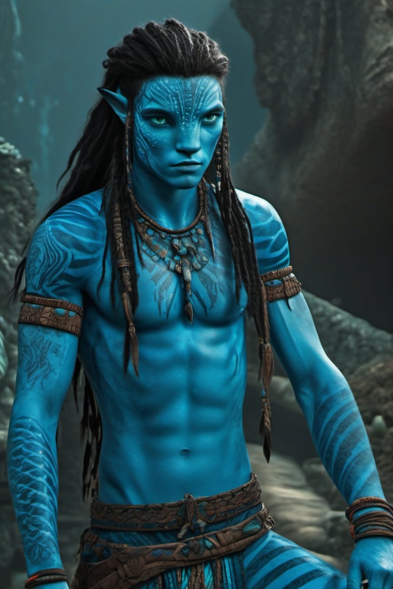 Filip Geljo as a male Na'vi, boy around seventeen years old, ((cyan skin)), (sky blue skin), teal color scheme, ((black hair)), ((braided wavy hair)), well-groomed hair, ((sky blue eyes)), skin full of ((scales)), with a tattoo on his stomach implying his fertility, stern face, ((pointy fangs)), full of dark sky blue painted stripes, using (feathers and corals) as accessories, wearing clothing that gives notice of his position as clan leader, beautiful Na'vi, action scene, close-up view, profile view, realistic eyes, hyper-realistic, extreme detail, HDR, 4k quality, perfect quality, perfect picture, HD quality, movie scene, 4k, 8k, freckles, pale foreground lighting, concept art, low saturation, alien, jewelry, portrait, lots of detail, Read description, ADD MORE DETAILS, ocean floor, cave background with bonfires. As the sun is reflecting on his face, he is a guest of the Tsahik clan, so his attire is appropriate. full body, Showing off his tattoo on his stomach